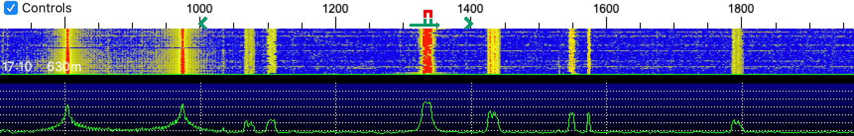WSJT-X Wide Graph waterfall (FST4, 630 m) showing signals across the band